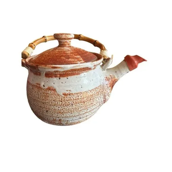 Handmade Rustic Stone Studio Pottery “Mingei-sota” Style Tea Pot & 4 Unique Tea